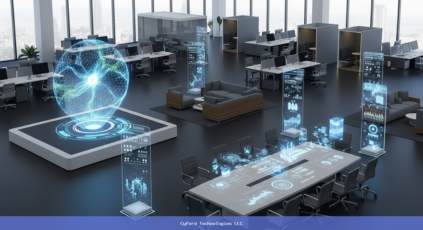 modern tech corporate office with glowing AI holographic elements